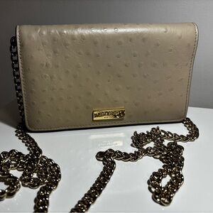 Beige/ light taupe Textured Leather Crossbody Bag with Gold Chain